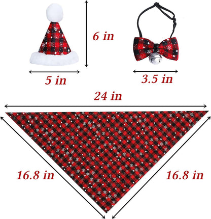 Christmas Snowflake Dog Bandana Costume, Christmas Classic Plaid Snowflake Dog Bandana Scarf Hat Bow Tie with Bell Costume Decoration for Dogs Pets