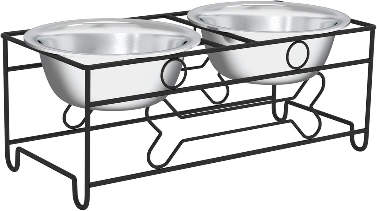 Set of 2 Stainless Steel Dog Bowls - 40Oz Pet Bowls with Decorative Dog Food Stand - Metal Food and Water Dishes for Large Pets - Puppy Essentials by  (Silver/Black)