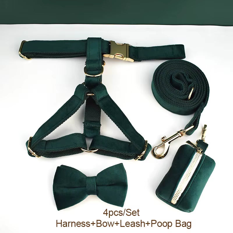 Green Velvet Dog Collar and Leash Set for Dogs Custom Engraved Nameplate Pet Supplies Dog Leash Velvet43