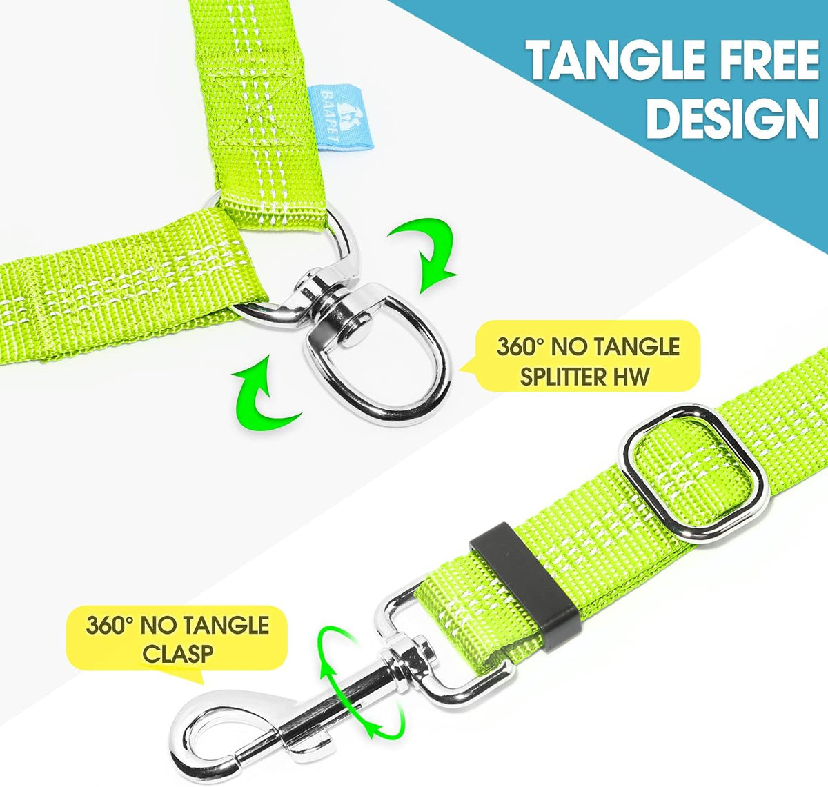 Double Dog Leash Splitter, Tangle Free Dual Dog Leash Coupler, Two Dog Walking and Training Extension for Small Medium or Large Dogs (1.0'' X 20~32 Inch, Green)