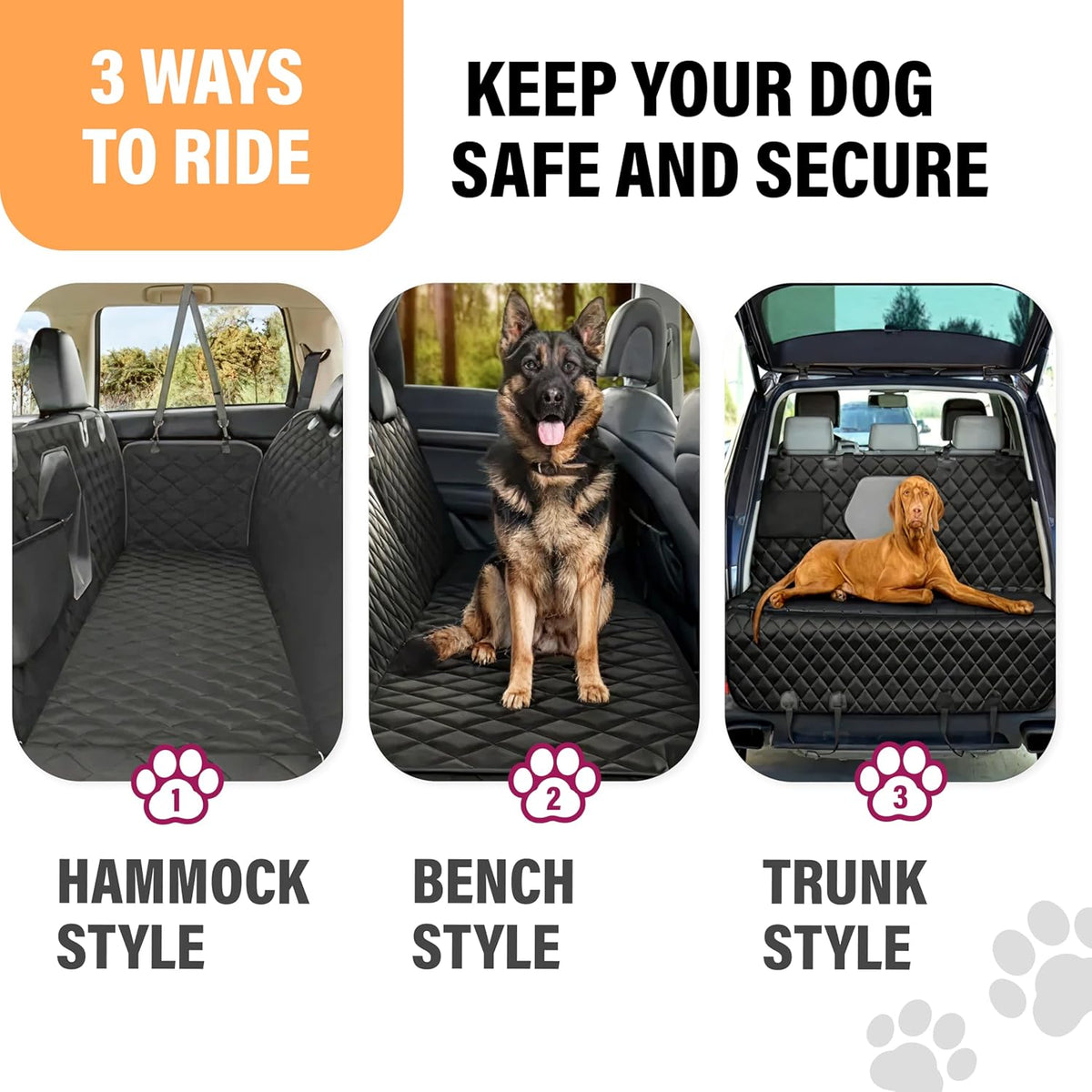 Dog Car Seat Cover for Back Seat, Waterproof Pet Protection Hammock, SUV Truck Car Backseat Protector with Safety Features, Black
