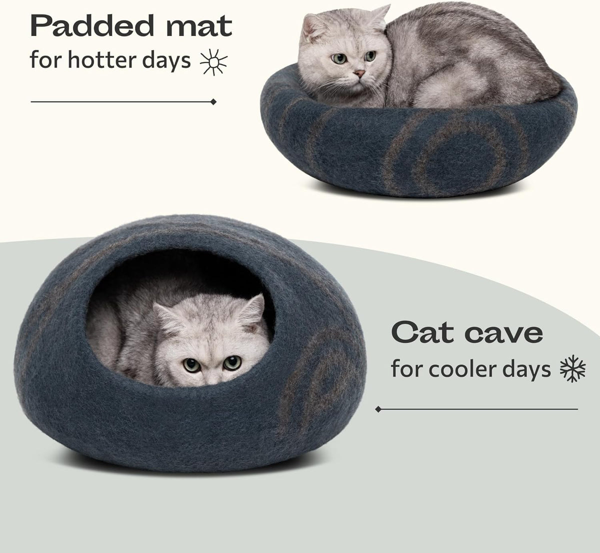 Cat Cave - Merino Wool Bed for Indoor Cats (Slate Grey, Large) | Cat Bed Enclosure, Cat Supplies & Cat Essentials, Premium Felt, Handmade, Soft, Lightweight, Breathable, Adjustable