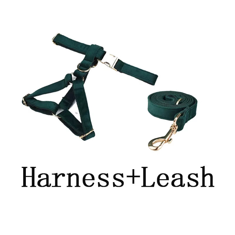 Green Velvet Dog Collar and Leash Set for Dogs Custom Engraved Nameplate Pet Supplies Dog Leash Velvet43