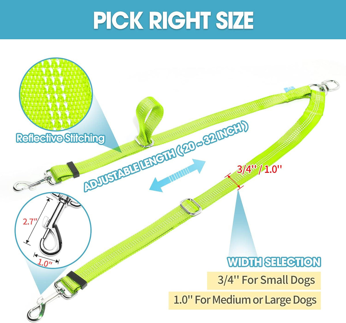 Double Dog Leash Splitter, Tangle Free Dual Dog Leash Coupler, Two Dog Walking and Training Extension for Small Medium or Large Dogs (1.0'' X 20~32 Inch, Green)