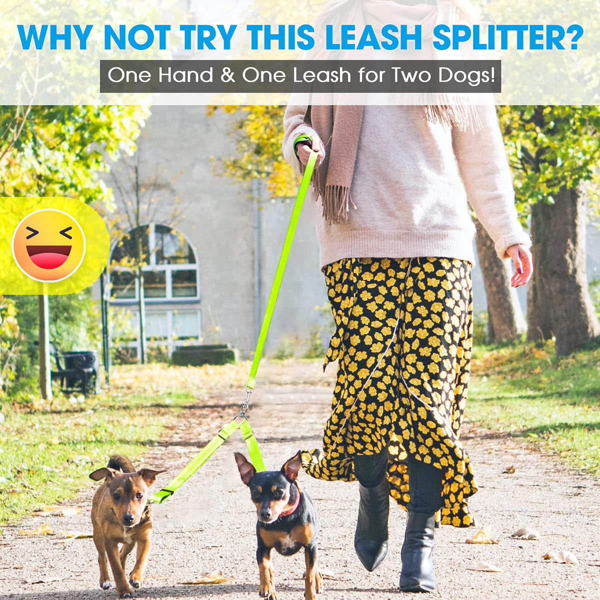 Double Dog Leash Splitter, Tangle Free Dual Dog Leash Coupler, Two Dog Walking and Training Extension for Small Medium or Large Dogs (1.0'' X 20~32 Inch, Green)