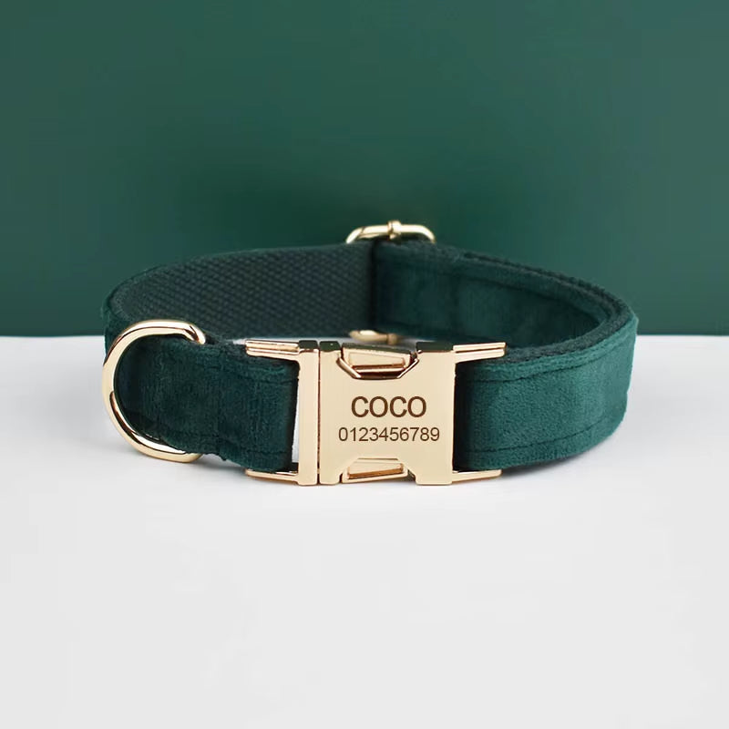 Green Velvet Dog Collar and Leash Set for Dogs Custom Engraved Nameplate Pet Supplies Dog Leash Velvet43
