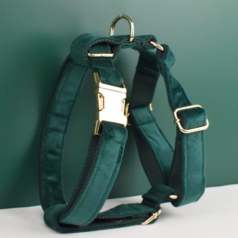 Green Velvet Dog Collar and Leash Set for Dogs Custom Engraved Nameplate Pet Supplies Dog Leash Velvet43