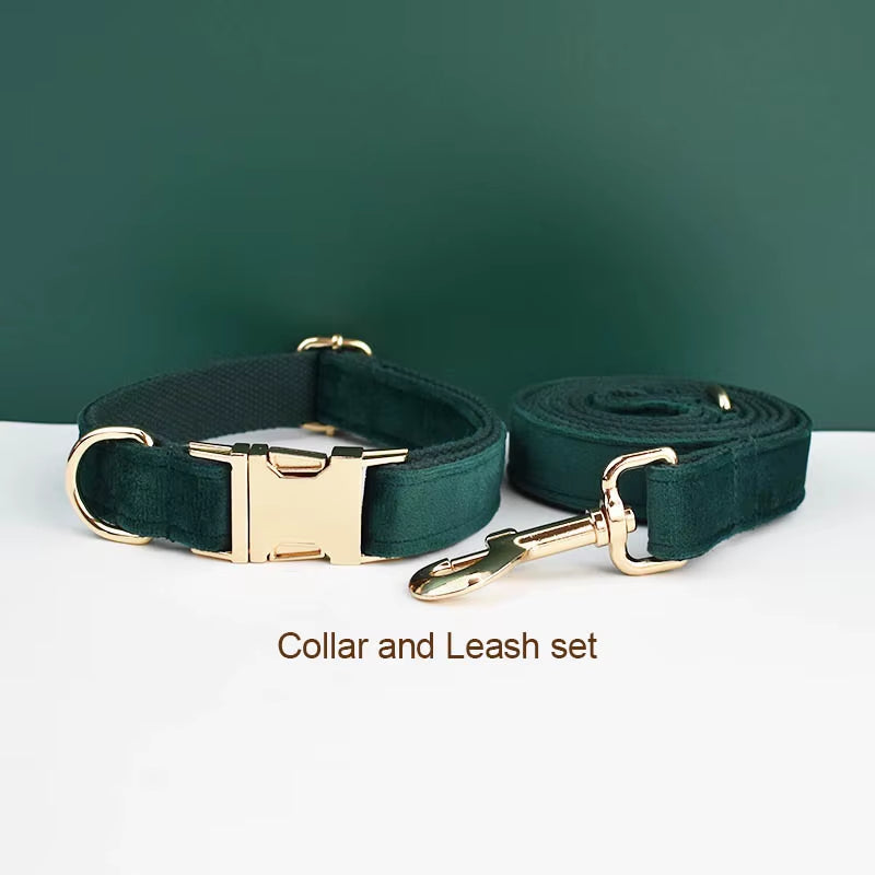 Green Velvet Dog Collar and Leash Set for Dogs Custom Engraved Nameplate Pet Supplies Dog Leash Velvet43